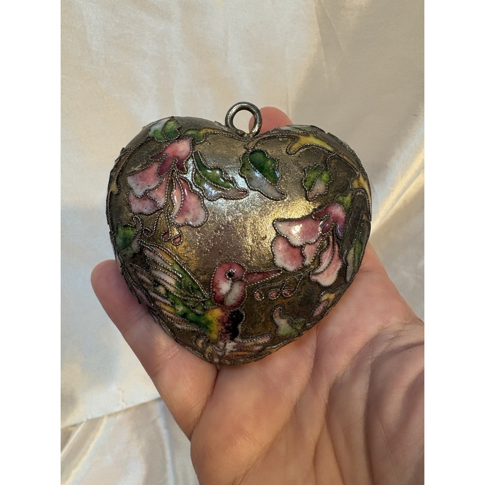Vintage Cloisonne Enamel Heart Pendant Ornament Hummingbird flower